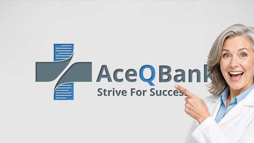 A smiling woman in a white coat points at the Ace QBank logo and slogan “Strive For Success” on a plain background, highlighting the importance of Why Take Notes During MCCQE Question Practice as part of your effective study routine.