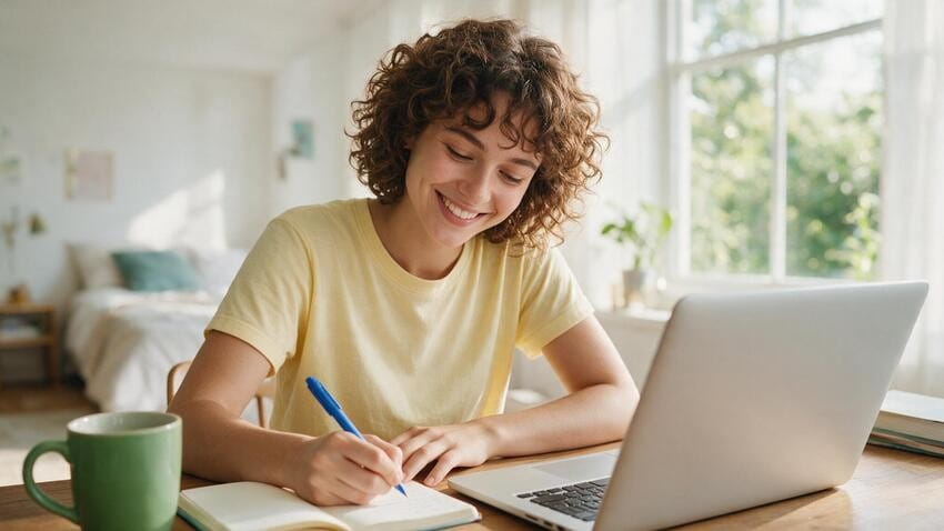 A person with curly hair sits at a desk, smiling while writing in a notebook next to an open laptop in a bright room with large windows. Demonstrating why taking notes during MCCQE question practice with Ace QBank can enhance understanding and preparation.