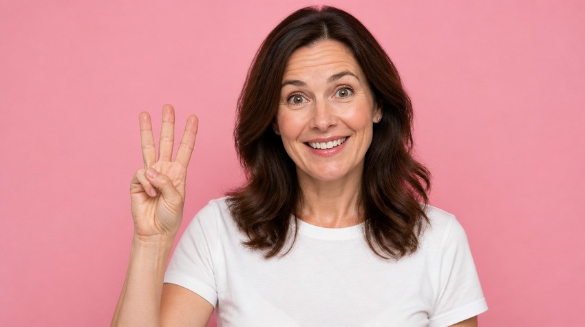 A smiling woman with brown hair in a white T-shirt holds up three fingers against a plain pink background, celebrating her success in preparing for the MCCQE with Ace QBank.
