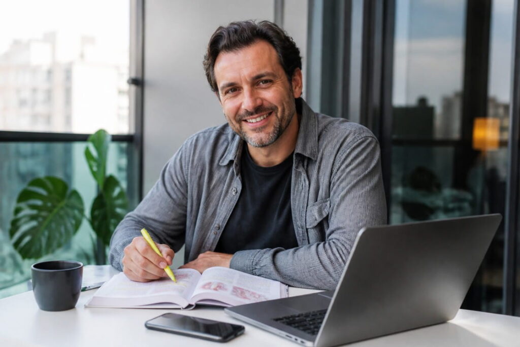 Man sitting at a table with a laptop, open book, coffee mug, and phone, smiling at the camera while writing with a yellow pen. Studying for the MCCQE and tracking his progress using Ace QBank’s Dynamic Scoring Boost to improve his MCCQE scores.