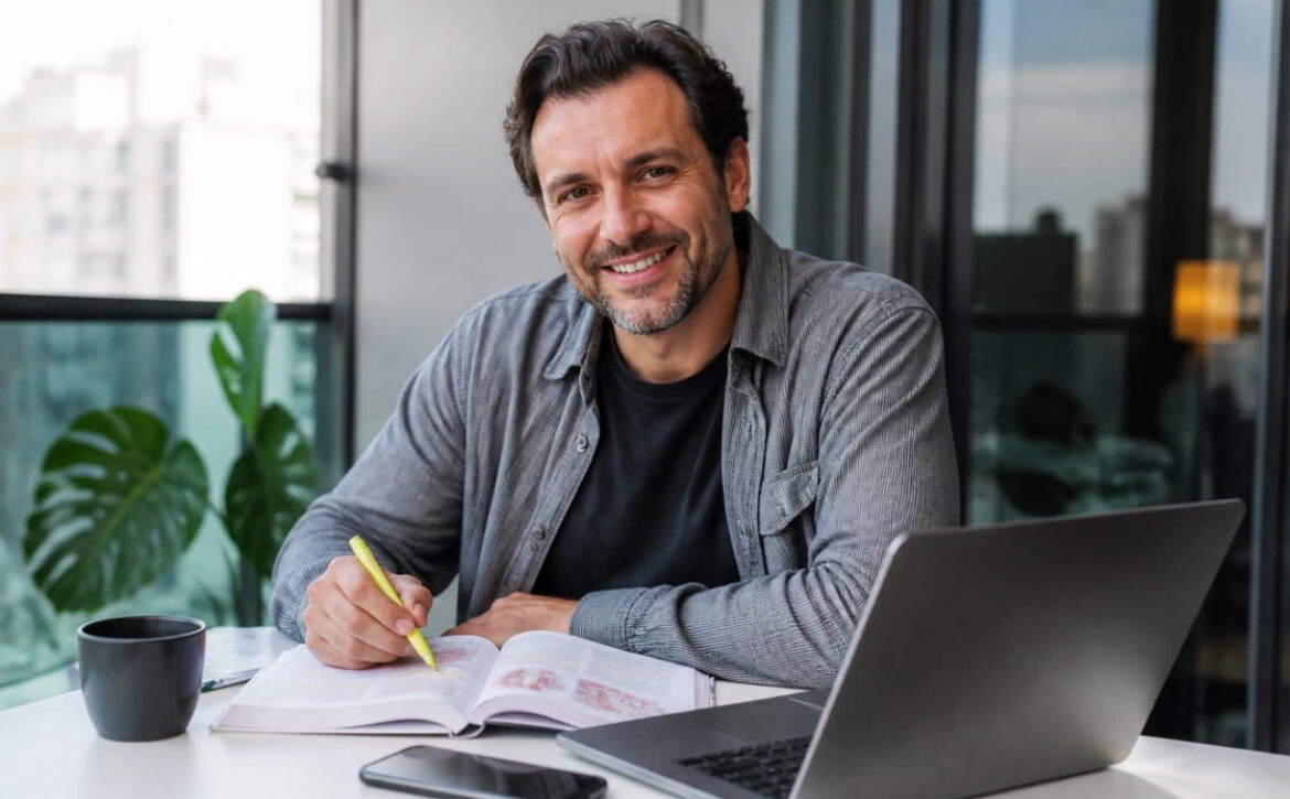 Man sitting at a table with a laptop, open book, coffee mug, and phone, smiling at the camera while writing with a yellow pen. Studying for the MCCQE and tracking his progress using Ace QBank’s Dynamic Scoring Boost to improve his MCCQE scores.