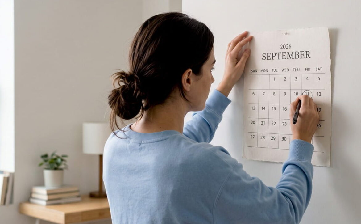 A woman in a blue sweater marks a date on a September 2026 wall calendar in a home office with books and a small plant on a desk, planning her MCCQE exam preparation with the help of Ace QBank.