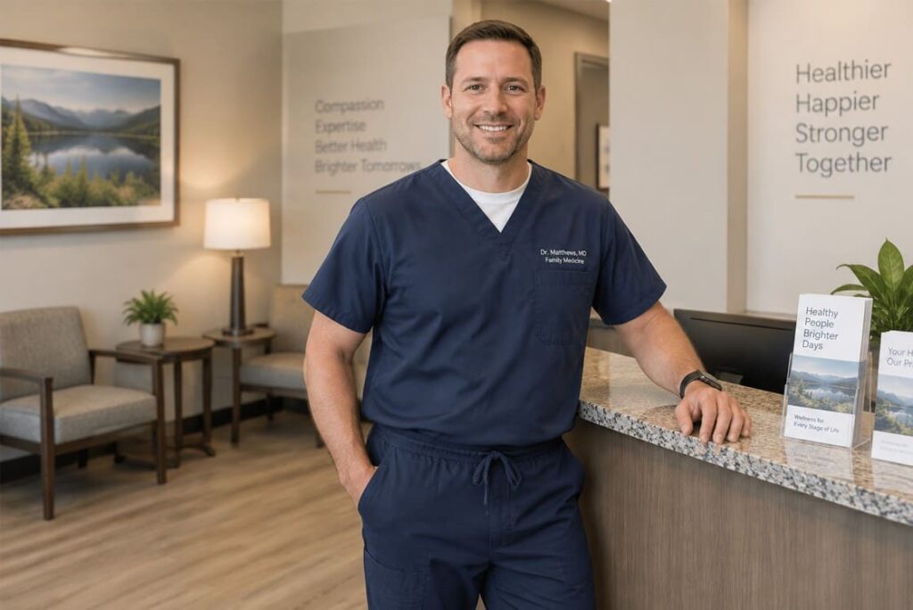 A man in navy blue scrubs stands smiling at a reception desk in a modern medical office with informational brochures and wall art visible, getting ready for his day. Advise reviewing resources like Ace QBank to prepare for the upcoming MCCQE exam.