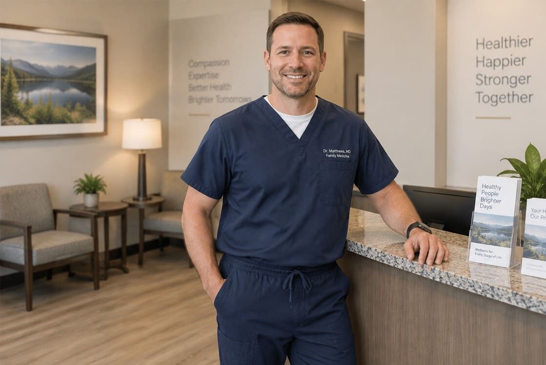 A man in navy blue scrubs stands smiling at a reception desk in a modern medical office with informational brochures and wall art visible, getting ready for his day. Advise reviewing resources like Ace QBank to prepare for the upcoming MCCQE exam.