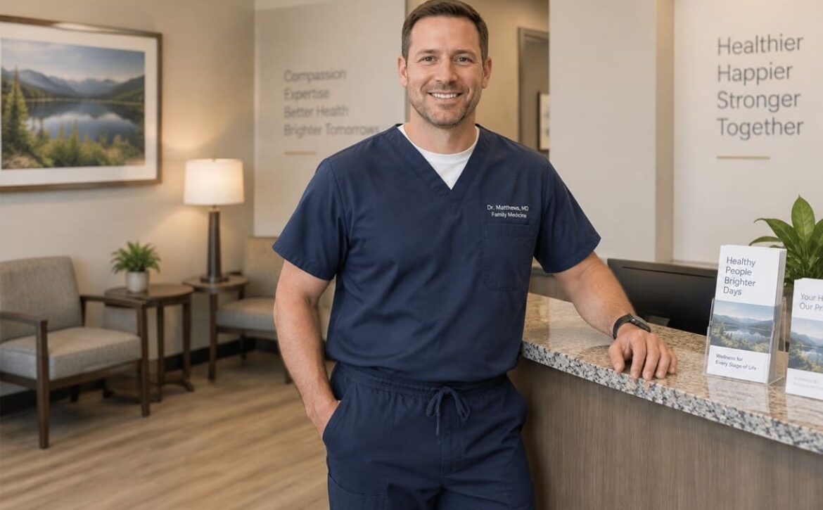 A man in navy blue scrubs stands smiling at a reception desk in a modern medical office with informational brochures and wall art visible, getting ready for his day. Advise reviewing resources like Ace QBank to prepare for the upcoming MCCQE exam.