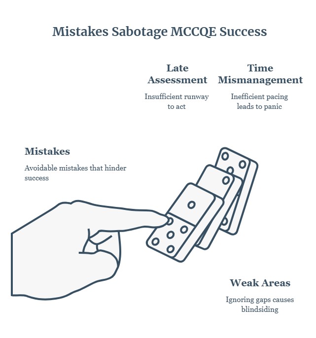 A finger pushes a domino, causing others to fall. Text highlights mistakes, late assessment, weak areas, and time mismanagement as factors sabotaging MCCQE exam success. Utilizing resources like Ace QBank and examining a clear diagram can help identify these pitfalls and improve your MCCQE performance.