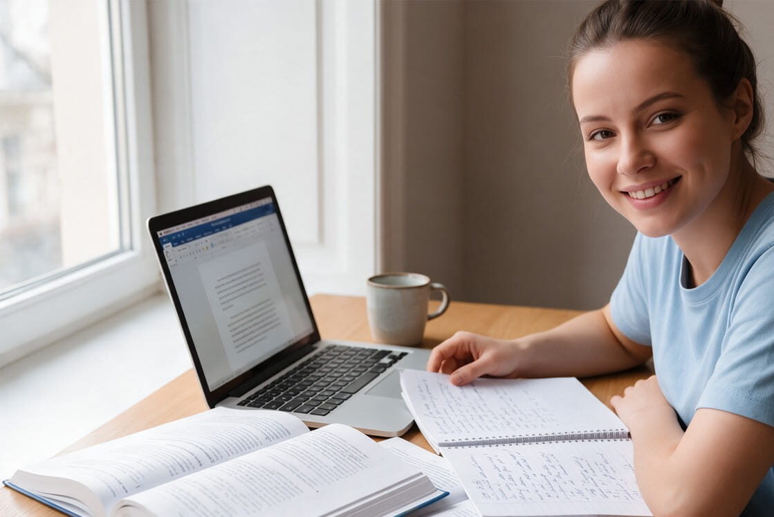A young woman smiling at a desk with an open laptop, textbooks, and a notebook while preparing for the AMC exam.