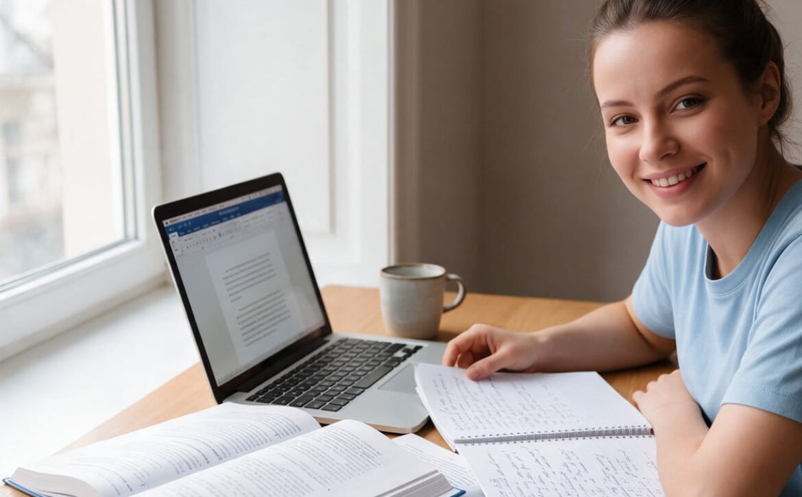 A young woman smiling at a desk with an open laptop, textbooks, and a notebook while preparing for the AMC exam.