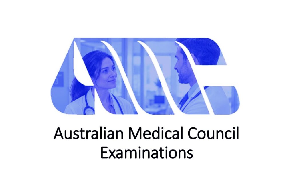 Australian Medical Council Examinations logo with a doctor and colleague in conversation, representative of resources like Ace QBank for the AMC exam.