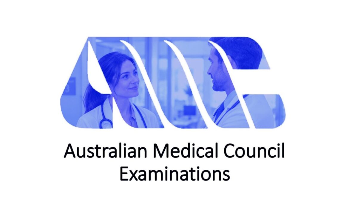 Australian Medical Council Examinations logo with a doctor and colleague in conversation, representative of resources like Ace QBank for the AMC exam.