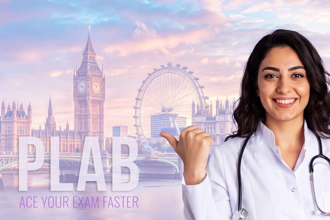 A doctor gestures toward the London skyline, accompanied by the text “ACE YOUR PLAB EXAM FASTER” as part of the Ace QBank.