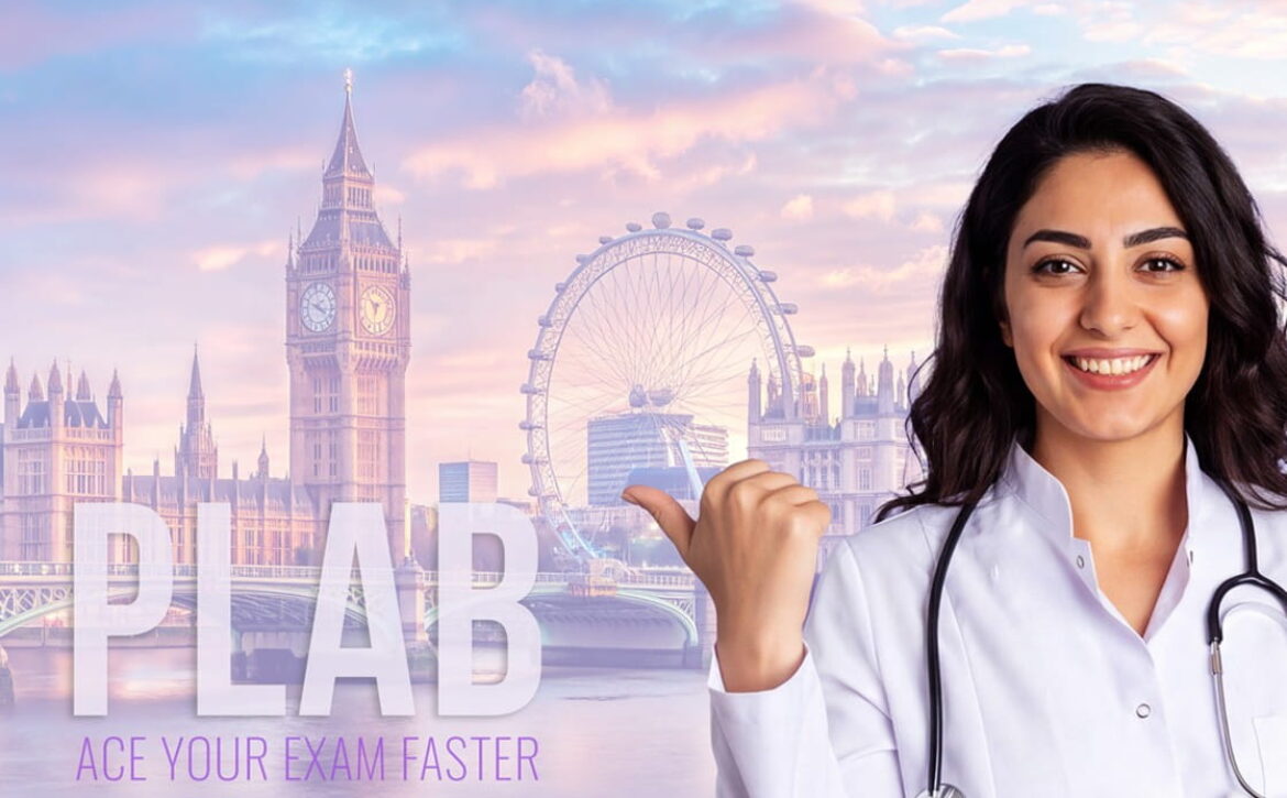A doctor gestures toward the London skyline, accompanied by the text “ACE YOUR PLAB EXAM FASTER” as part of the Ace QBank.