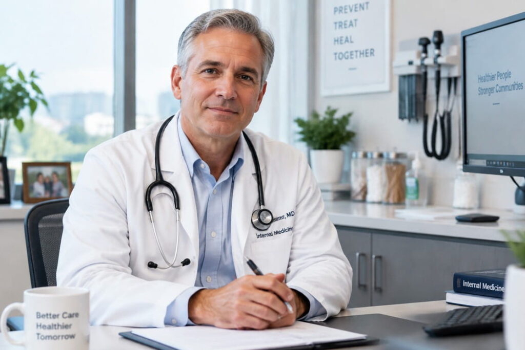 A male doctor in a white coat with a stethoscope around his neck sitting at a desk, helping you prepare for MCCQE success the right way.
