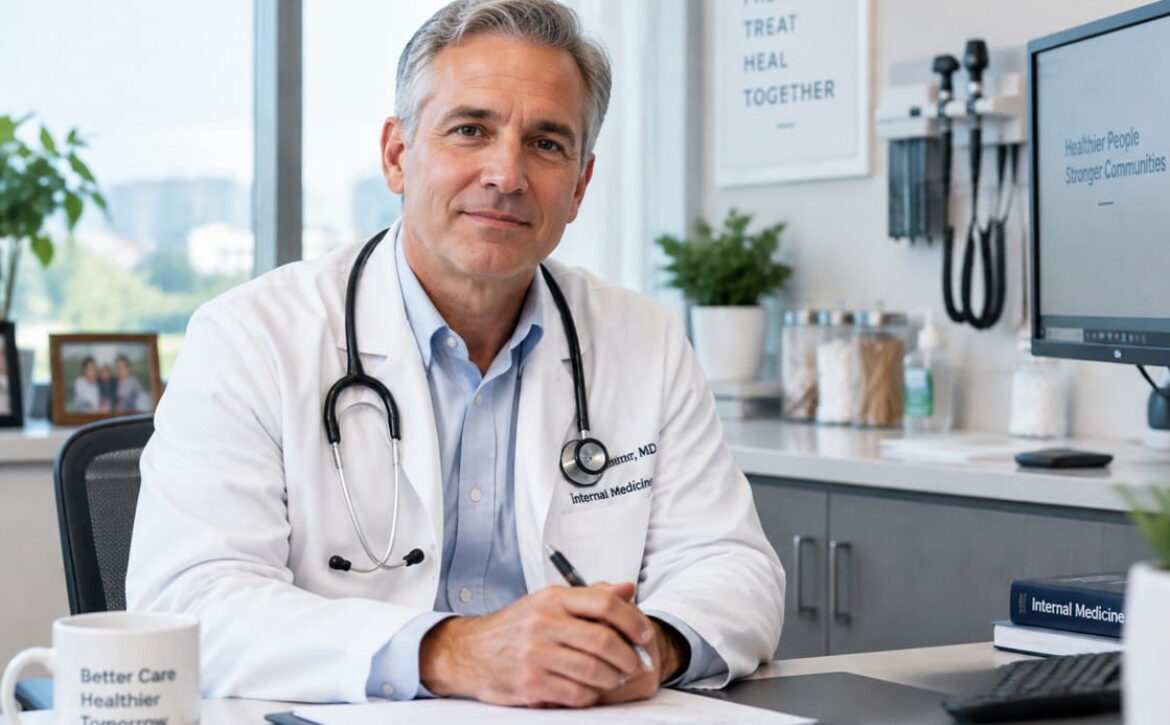 A male doctor in a white coat with a stethoscope around his neck sitting at a desk, helping you prepare for MCCQE success the right way.